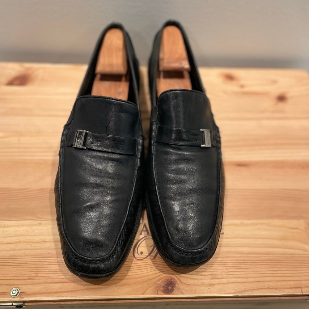 BRUNO MAGLI Men's Davee Black Leather Silver Buckle Slip On Loafers Size: 11.5